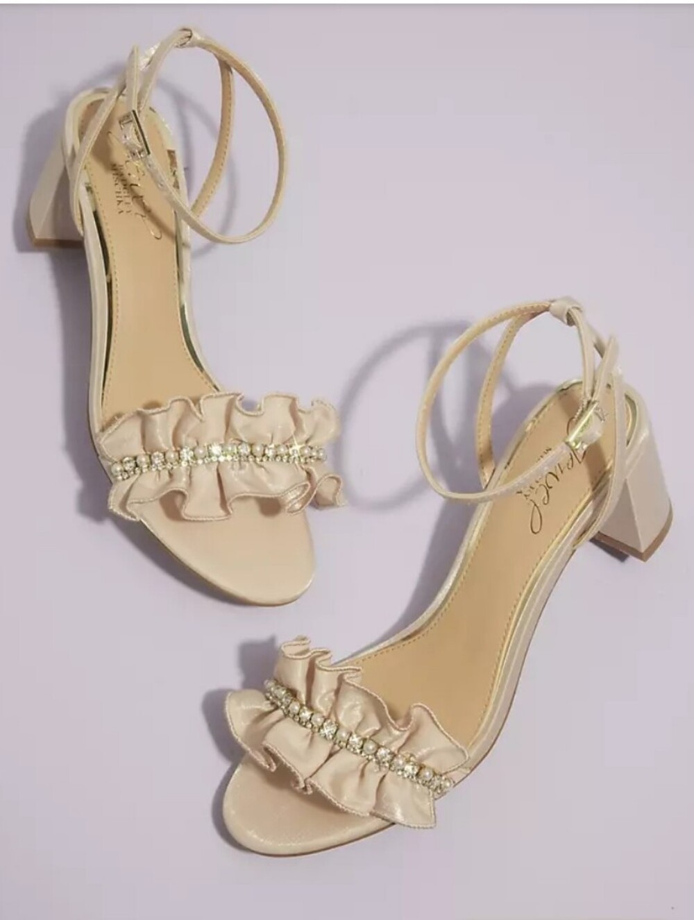 Jewel Badgley Mischka  Champagne Ruffle Ankle-Strap Block Heels with Rhinestones